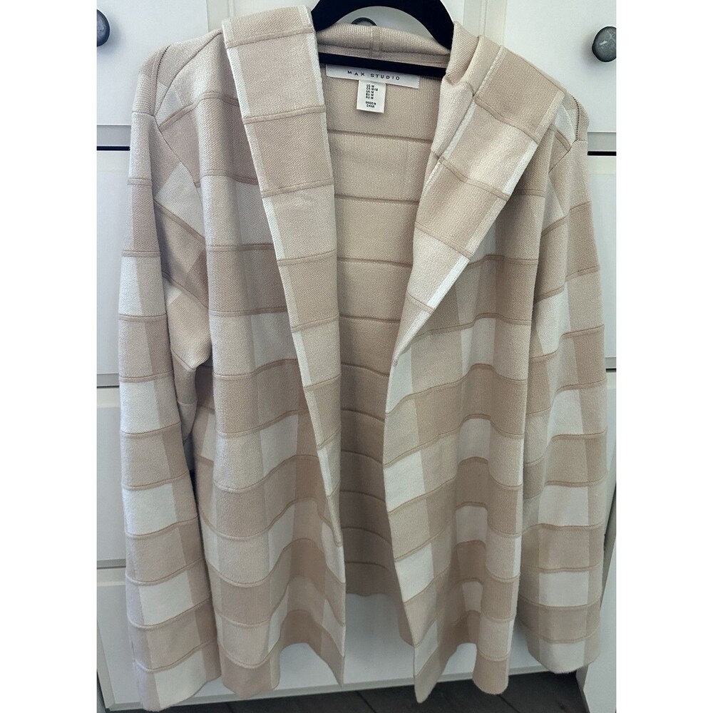 Max Studio Hooded Open Front Cardigan Sweater Checkered Plaid Beige Tan Medium
